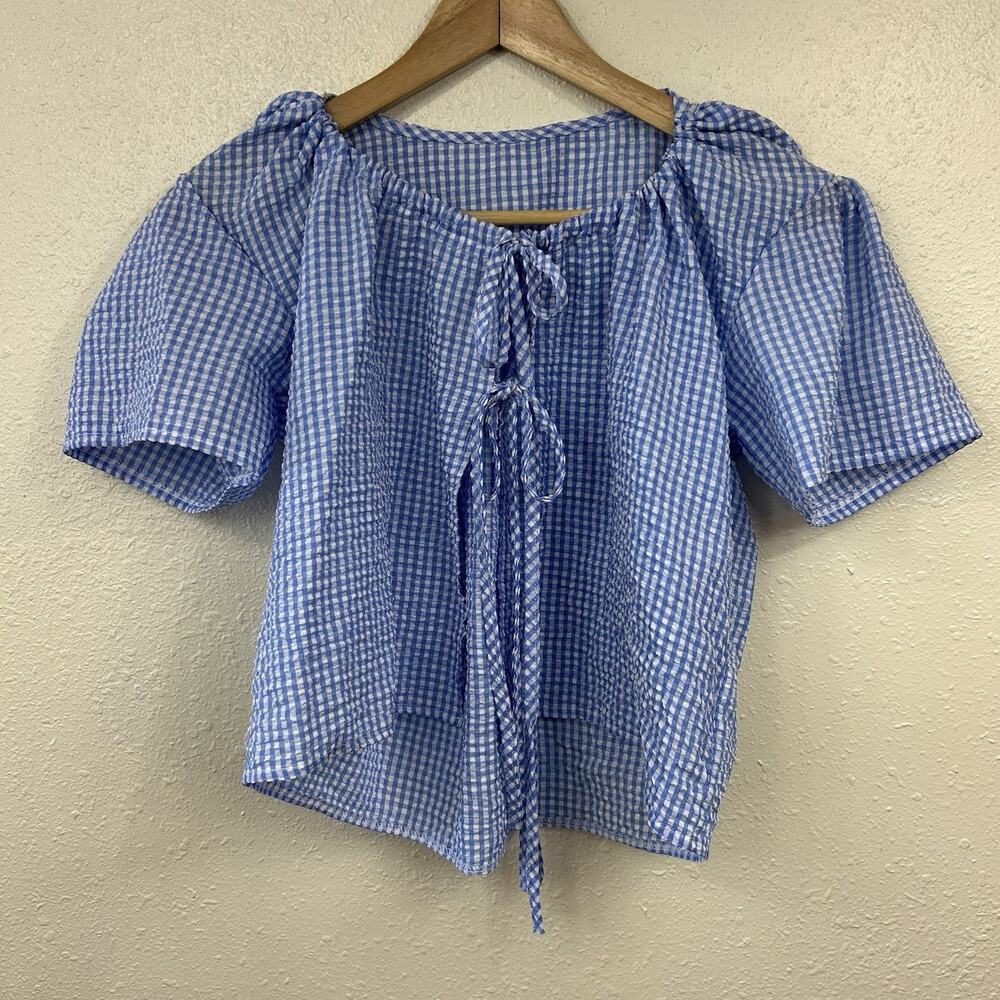 Blue Gingham Wrap Top Short Puff Sleeve Tie Front Cropped Blouse Small Picnic